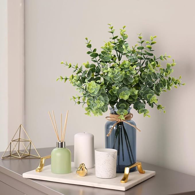 Leftover 8 PCS Faux Eucalyptus Stems in Black Glass Vase,Fake Plants Greenery Stems for Centerpiece Table Decorations,Fake Plants for Black Bathroom Decor(Sage Green)