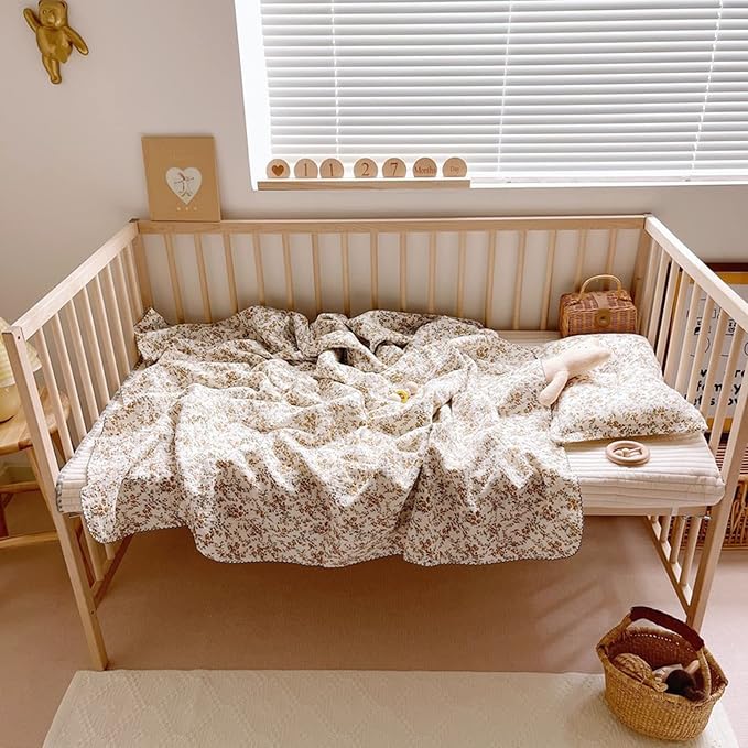 BuLuTu 4 Layer Toddler Blanket 100% Cotton Muslin Bed Blankets for kids,Girls,Boys, with Cute Hibiscus Flowers Pattern Lightweight Thermal Baby Blanket, Super Soft Warm Crib Blanket, 47x51’’