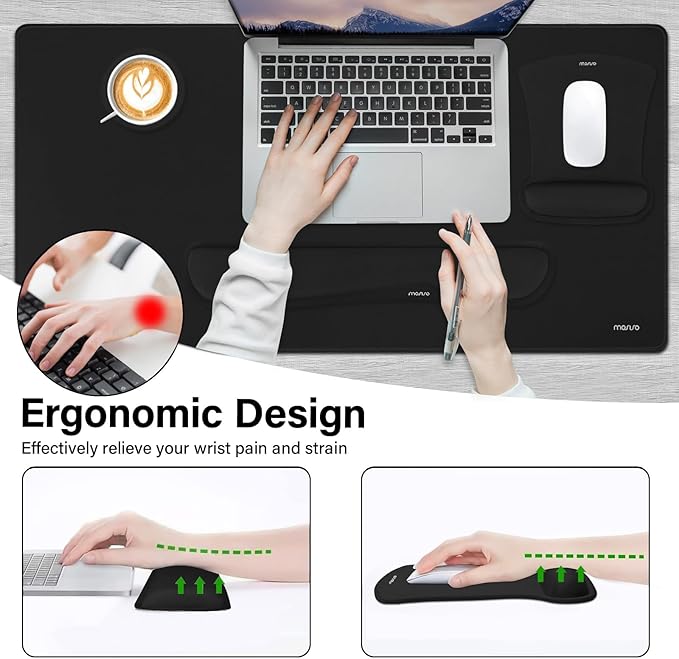 MOSISO Keyboard Mouse Pad Set, Large Gaming Mousepad&Keyboard Wrist Rest&Mouse Wrist Rest&Coaster, Ergonomic Non-Slip Mousepad&Easy Typing Cushion with Memory Foam for Home Office, Black