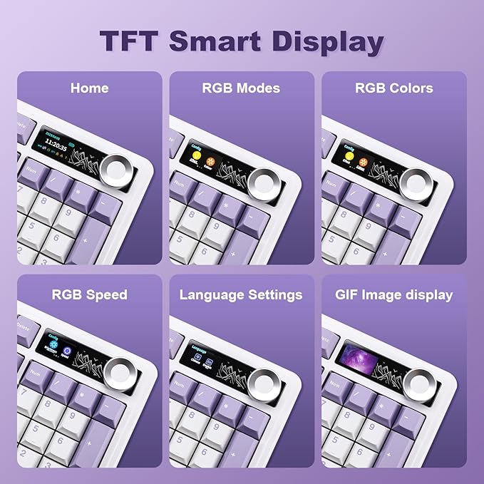AJAZZ AK980 Mechanical Keyboard with Smart Display & Knob,98% Wireless Keyboard Tri-Mode BT/2.4G/USB-C, Hot Swappable, PBT Keycaps, with RGB Light for Win & Mac(Purple,Murad Switch)