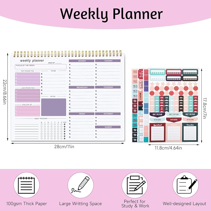 Weekly To Do List Notepad, 8.5''x11'' Weekly Desk Planner with 52 Tear Off Sheets Undated Weekly Planner Habit Tracker & Productivity Organizer for Home School and Work, Purple