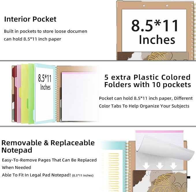 Ospelelf Clipboard with Storage 8.5 X 11，Padfolio Organizer, Spiral Portfolio Letter Size with Notepad, Pen Holder, 5 Extra Folder Divider Pages, Elastic Closure Nurse Essentials(Earthy Abstract)