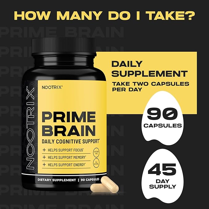 Prime Brain Nootropic Supplement | Supports Memory, Mental Focus, Cognitive Health & Energy | Promotes Healthy Mood & Brain Function | Ginkgo Biloba, Lion's Mane & L Theanine | 90 Capsules