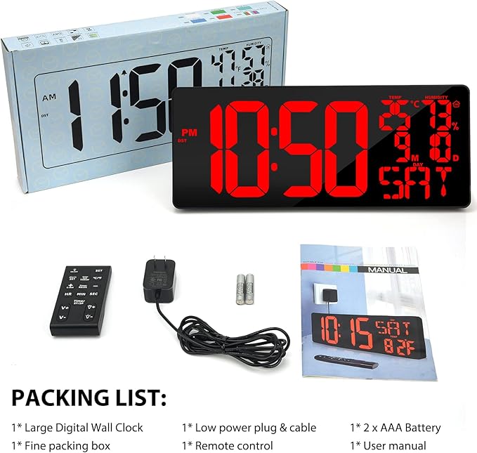 [2024 New] 18" Digital Wall Clock Large Display/Bluetooth Sync Time, Large Wall Clock with Remote Control, Auto DST, Alarm, Temperature and Date - Easy to Read and Set Timer