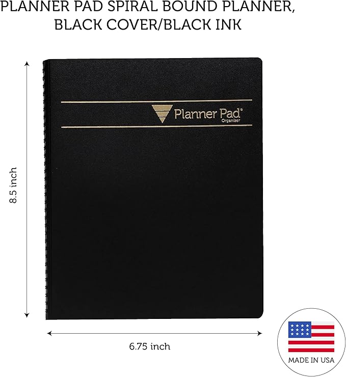 Planner Pad Spiral Bound January-December 2025/ Calendar Year 6 3/4" x 8 1/2" Medium 3-Tier Funnel Down 12 Month Organizer, Black Cover/Black Ink