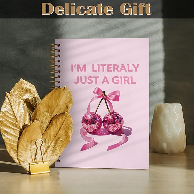 I'm Literally Just a Girl Pink Coquette Cherry Bow Spiral Notebook 5.5x8.3, Preppy Girly Journal for Women, Pink Office Supplies, Aesthetic Notebooks for Note Taking