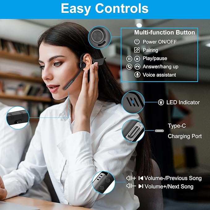 Smof Open-Ear Headphones with Mic, Bluetooth Headphones with Microphone Bluetooth 5.1 Wireless Headset with Noise-Canceling Mic and Mute Function for Online Meeting Driving-Not Bone Conduction
