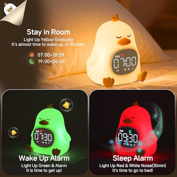 Alarm Clock for Kids with Night Light, Sleep Training Clock Time to Wake Clock, Rechargeable Silicone Light for Bedroom, Perfect Sleep Companion for Boys Girls, Sleepy Duck
