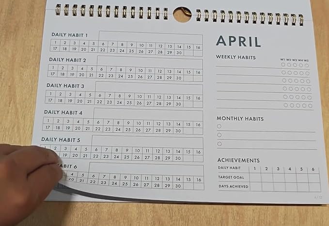 12-Month Habit Tracker Calendar – Minimalist Table Wall Planner for Goals & Productivity, Daily/Weekly/Monthly Tracking, Wire-O Hanger, Thick 200 gsm Paper, Neutral Design
