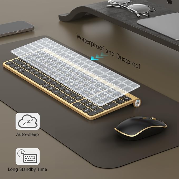 JOYACCESS Black Gold Wireless Keyboard Mouse Combo,Ergonomic Cordless Keyboard with Adjustable Tilt,Comfortable and Quiet Mouse for Laptop,Computer,PC