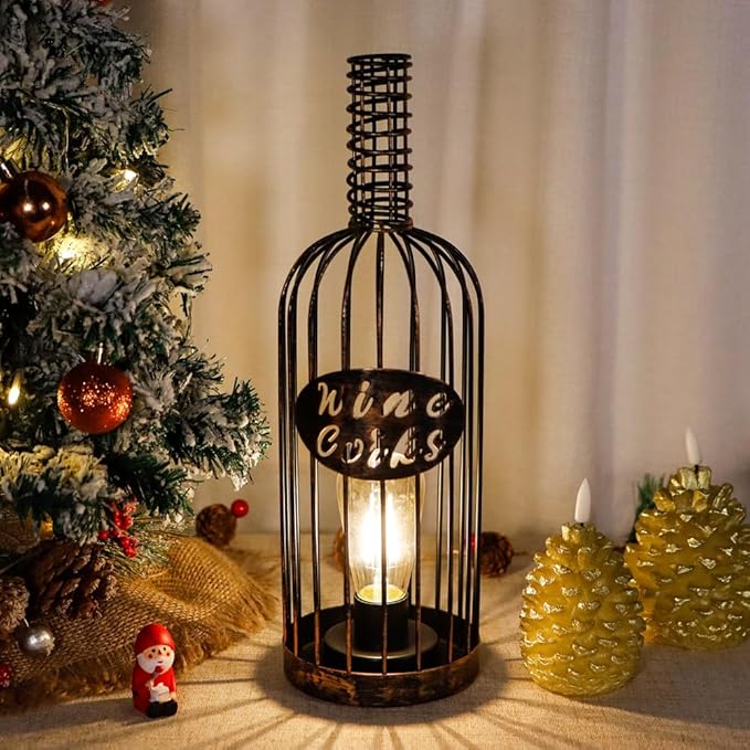 JHY DESIGN Decorative Table Lamp Battery Powered 13.5”H Cordless Metal Wine Cork Holder Lamp with 6-Hour Timer for Tabletop Home Patio Dining Room Living Room(Black Brushed Gold)