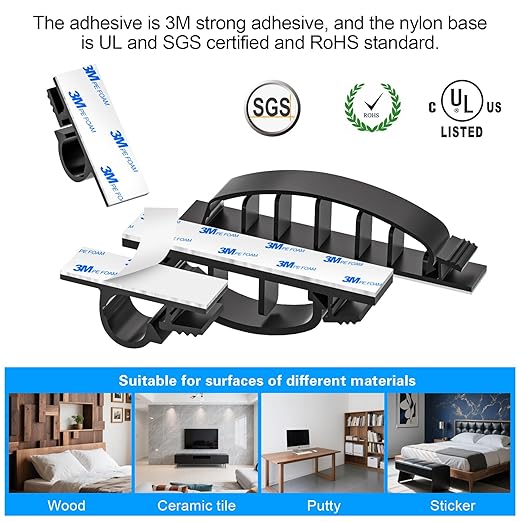 XHF 30pcs Adhesive Cable Wire Clips Kit Black, Outdoor Cable Management Wire Organizer Cord Holder for Under Desk, Car, Wall, TV PC Ethernet Cable