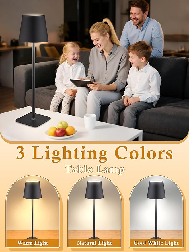 Cordless Lamps Set of 2,6000mAh Battery Powered Lights,Dimmable+3 Colors Rechargeable Lamps Cordless Table Lamp,Portable Light,Wireless Lamp for Bedroom/Living Room/Kitchen/Bathroom/Outdoor