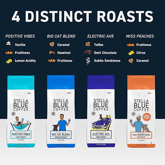 Stella Blue Whole Bean Coffee, Miss Peaches Blend, Medium Roast, Citrus, Caramel and Fruity Notes, 100% Arabica, Ethically Sourced from Central and South America, 12 oz bag