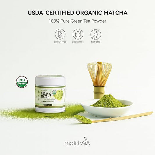 MatchAiA Organic Ceremonial Matcha Green Tea Powder - Premium Ceremonial Grade, First Spring Harvest, USDA Certified, 100% Pure - Sugar Free, Gluten Free (40g / 1.4oz Tin)