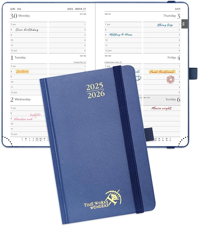 POPRUN Pocket Planner 2025-2026, (Purse Size 4''x 6.25'' Hard Cover) Academic Year Calendar Daily Weekly and Monthly (July 25-June 26) with Hourly Time Slots, 100 GSM Paper - Navy Blue