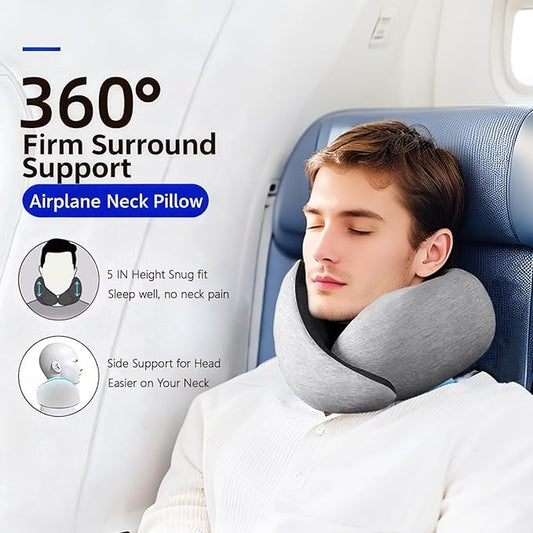 Travel Neck Pillows for Airplanes - Memory Foam Travel Pillow, 360° Ergonomic Neck Support, Compact Design Ideal for Airplane, Car Rides, Office (Gray)