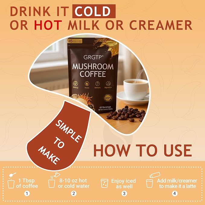 GRGTP Mushroom Coffee - Superfood Blend with 6 Adaptogens (Cordyceps, Lion's Mane, Reishi Other) | Jitter-Free Energy, Enhanced Focus, Digestion & Immunity Support | 45 Servings, Vegan, Gluten Free, Non-GMO | Smooth Flavor
