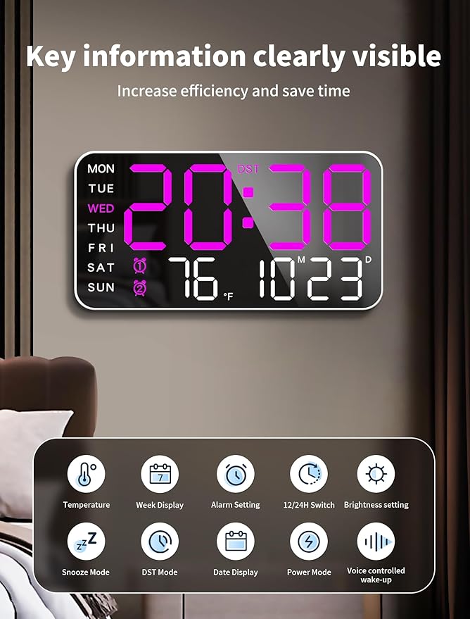 MASHI 8.4''Large Digital Wall Clock, Led Alarm Clock with Big Digits, Date, Temperature, DST, Modern Decor Design for Desk,5-Level Brightness for Room, Bedroom, Gift, Yougster and Elderly (Purple)