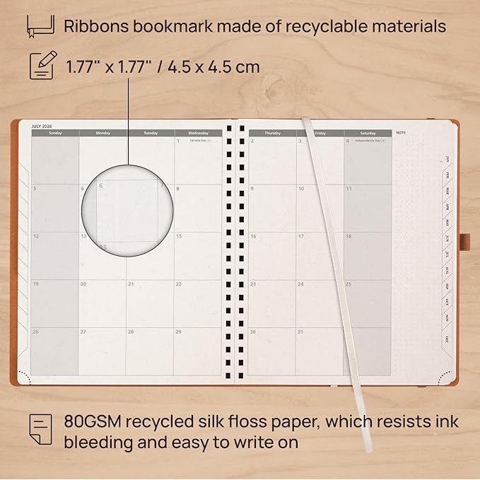 POPRUN 2026 Planner - 2026 Recycled Weekly Planner [Italian Regenrated Leather - Medium Size 8.5'' x 10.5''] - 2026 Weekly Planner with Hourly Schedule, Monthly Tabs,TJ-26-WERK7-DST - Desert Brown