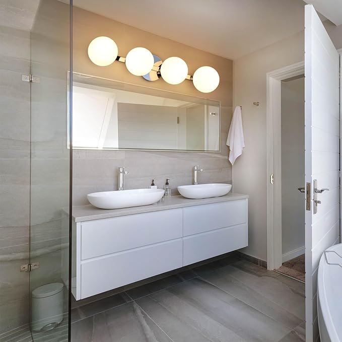 Globe Bathroom Vanity Light Fixtures, Modern 4 Lights Wall Lighting Chrome, Porch Wall Mount Light Fixture for Bathroom, Over Mirror Cabinets Hallway Stairs