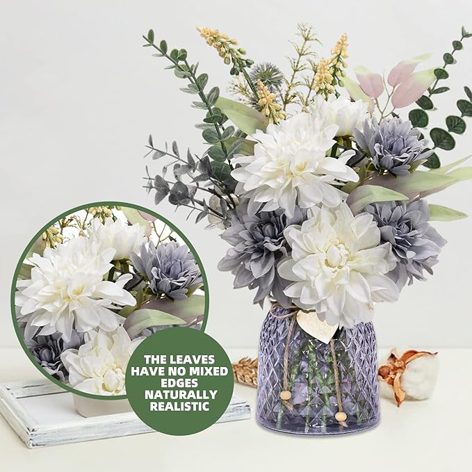 Home Decor Fake Flowers with Vase - Artificial Flowers Fake Plants Bouquet Decoration Realistic Dahlias, Hydrangeas, Eucalyptus Decor Modern Silk Flowers for Dining Table, Kitchen (Purple)