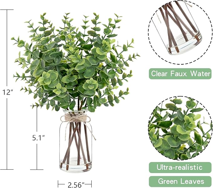 Artificial Eucalyptus Stems in Glass Vase with Faux Water,Artificial Plants Eucalyptus Leaves for Shelf Desk Bathroom Farmhouse Room Coffee Table Home Decor, Central Decoration.