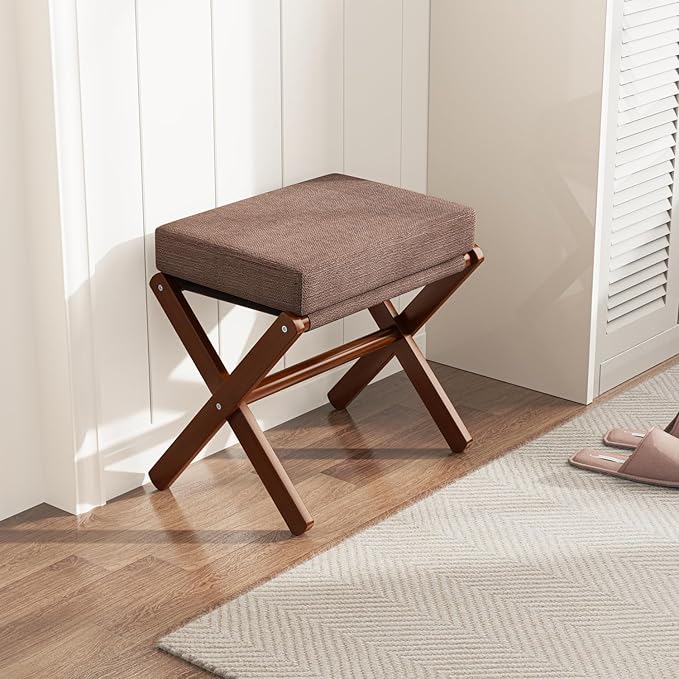 Foldable Foot Stool Ottoman, Modern Foot Rest with Bamboo X Legs & Thick Foam Cushion, Folding Foot Stools Small Padded for Bedroom Living Room, Makeup Vanity Stool Chair (Brown - Brown)