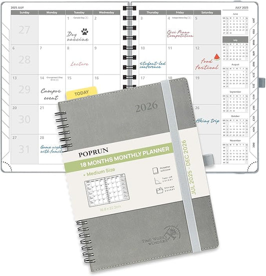POPRUN Monthly Planner 2025-2026 Spiral Bound (6.5" x 8.5") 18 Months Calendar (Jul 2025 - Dec 2026) - 4 Pages per Month with Monthly Expense & Notes, Sunday Start, Leather Cover - Grey