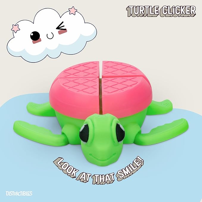 Distractible Turtle Fidget Toy, Articulating Design with Shell Clickers, Pocket-Sized & Durable, Sensory, Stress Relief, ADHD, Autism & Stim (Green-Pink)