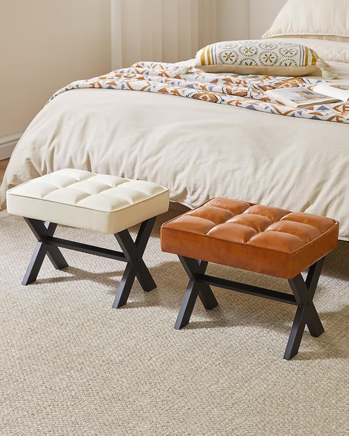 IBUYKE Small 12" H Footrest Stool, Square PU Foot Stool with Metal X-Leg, Multi-Use as Small Side Table, Step Stool for Living Room, Bedroom, Entryway, Office, Light Brown WBD012J