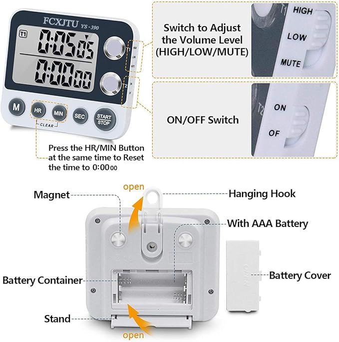 Digital Dual Kitchen Timer with Magnetic Back & Memory Presets, 2 Groups Countdown/Up Stopwatch Timer, 3-Level Volume + LED Alert, On/Off, 100Hr Max for Cooking, Baking (Battery Included)