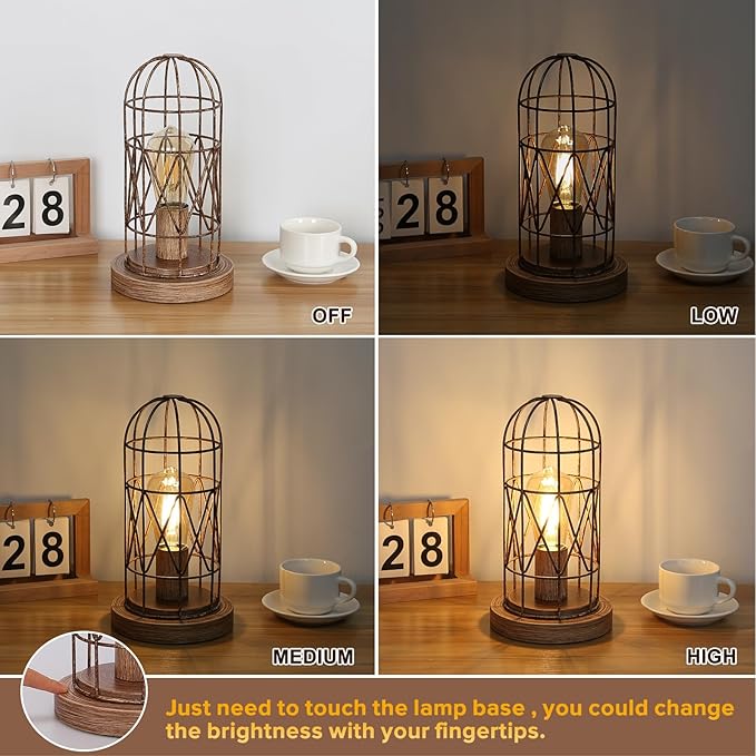 Touch Control Table Lamp for Small Spaces - 3 Way Dimmable Nightstand & Bedside Lamp for Bedroom & Living Room, Rustic Wood Cage Shade, Bulb Included