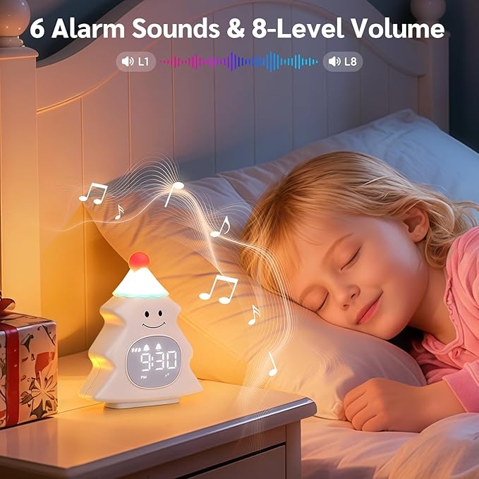 Yiliaw Kids Alarm Clock with Night Light, Christmas Tree Wake Up Clock, Rechargeable Cute Alarm Clock for Bedroom, for Boys and Girls, White