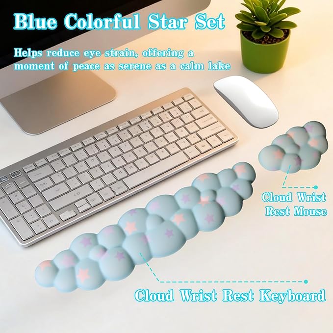 Cloud Wrist Rest Set for Keyboard and Mouse, Includes Cute Coaster, with Computers and Laptops (Blue Colorful Star Set)