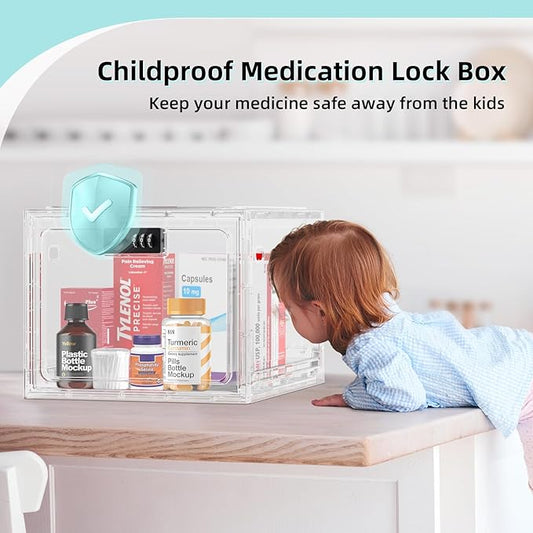 HOLYHY Medicine Lock Box for Safe Medication Storage, Large Refrigerator Lockable Storage Box for Kitchen Food Safe, Phone Jail iPad Tablet Lock Boxes for Kids Home/Office (Clear)