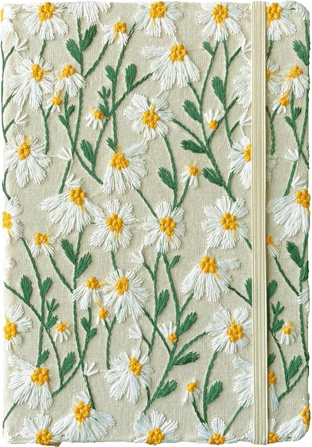 Daisy Gifts, Embroidered Journal, Floral Notebook, A5, 8"x6", Lined, Wide Ruled Paper, Hardcover, Lay Flat, Pretty Journal for Women, Personal Journal, White Daisy Flowers, with Elastic Band