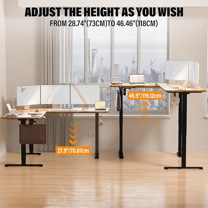 63 x 55 inch L Shaped Standing Desk, Corner Computer Desk, Electric Adjustable Height Stand Up Table, L Sit Stand Desk for Home Office Gaming, Light Brown