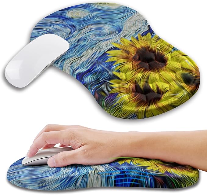Ergonomic Mouse Pad Wrist Support with Memory Foam Massage Bulge, Carpal Tunnel Pain Relief Mousepad Wrist Rest for Mouse(12x8 inch,Sunflower)