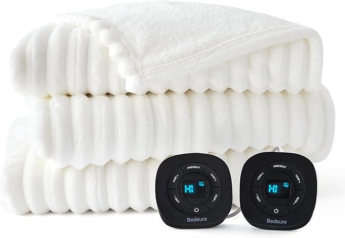 Bedsure Electric Blanket Queen Size - Thick Striped Flannel Electric Blanket with Dual Control, Heating with 10 Heat Settings & 10 Time Settings, 8 hrs Timer Auto Shut Off (84x90 inches, White)