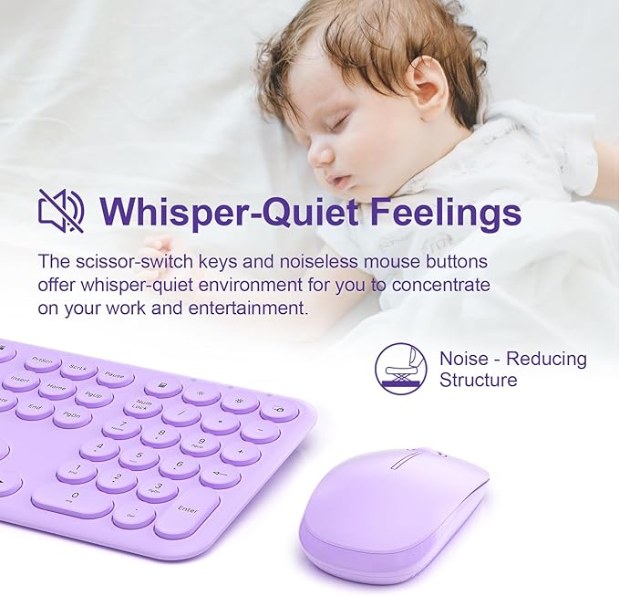 Cute Wireless Keyboard and Mouse Combo Slim 2.4GHz USB Cordless Full Size Silent Retro Keyboard and Mouse Set for PC Computer,Laptop,Windows,Mac,Tablets（Upgraded Violet）