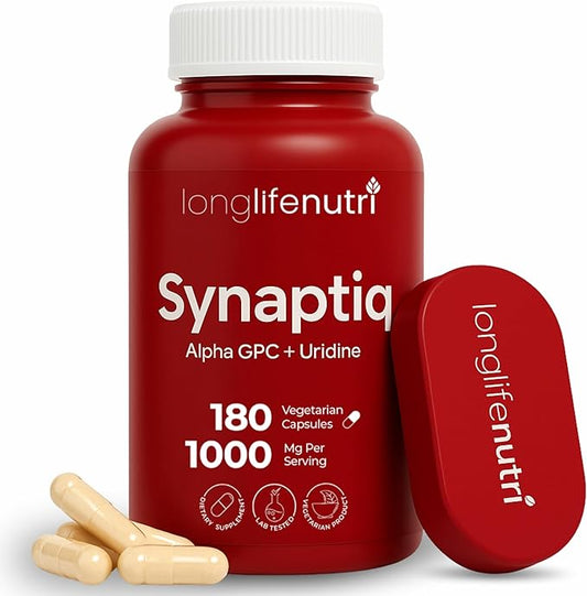 Synaptiq 1000mg (Alpha GPC + Uridine Monophosphate 600mg/400mg) - Nootropic Choline Supplement, 180 Vegetarian Capsules, 3-Month Supply, For Focus & Productivity, GMP Certified, Made in USA
