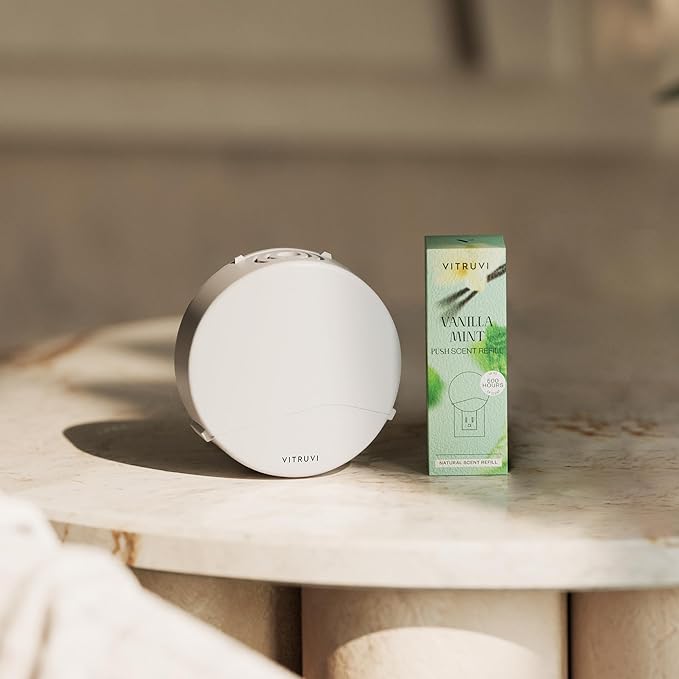 Vitruvi Push Plug-in Wall Diffuser – Starter Kit with Vanilla Mint Refill, Made with Natural Ingredients – Covers 200 Sq Ft – Long-Lasting Scent Up to 500 Hours – White