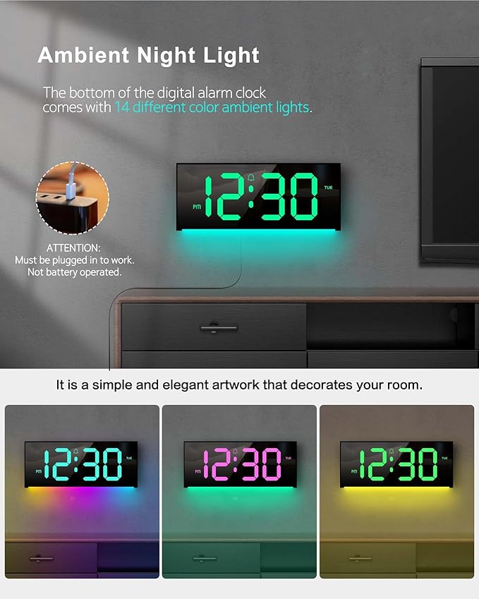Large Digital Wall Clock 12", Digital Clock with Full Screen Display, 12 RGB Colors Changing Remote Control, DST, Wall Clock with Night Lights for Elderly Living Room Bedroom Office Gaming Room Decor