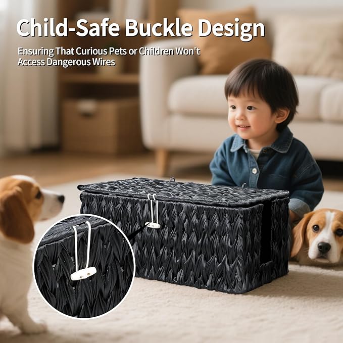 Black Cable Management Box,2 Pack Large & Medium Rattan Cable Organizer Box for Power Strip,2 Open Slots Cords Hider Box for TV Wires, Computer, Router, USB Hub and Under Desk Power Strip