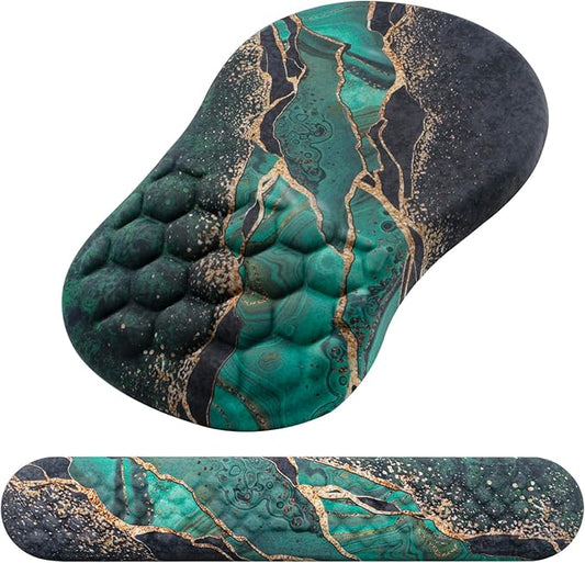 Mouse Pad Wrist Support, Laokiiy 2 in1 Keyboard Wrist Rest+ Ergonomic Mouse Pad, Non-Slip Wrist Rest for Computer Keyboard, Made Easy Typing & Relieve Wrist Pain（Green Gold Black Marble）