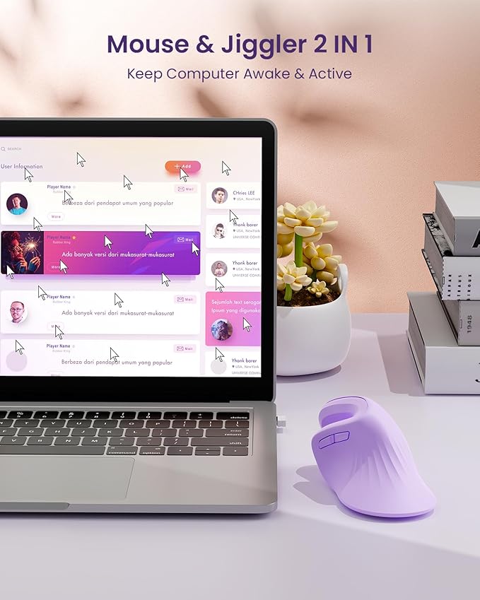 seenda Ergonomic Mouse with Jiggler - Wireless Vertical Mouse with Multi Device Connection (Bluetooth or USB), Reduces Wrist Strain, Quiet Click, Compatible with PC, Laptop, Mac, Windows (Purple)