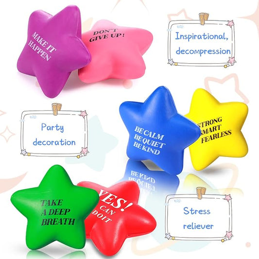 Chalyna 30 Pieces Motivational Star Stress Ball Quote Relief Ball, 2.2 Inch Pu Foam Stress Balls Bulk Sensory Star Ball Gifts for Kids Teens Adults Relieve Anxiety Party Supplies (Assorted Colors)