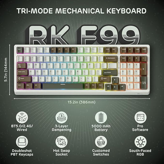 RK ROYAL KLUDGE F99 Wireless Mechanical Keyboard with Numper Pad, Tri-Mode Hot Swappable 95%100 Keys Gaming Keyboard BT/2.4G/USB-C, RGB Backlit Gaming Keyboard for PC/Tablet/Xbox/PS4/PS5