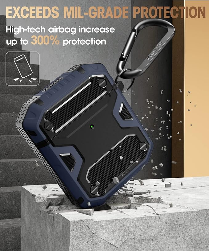 Koaichi Compatible with AirPods Case, Full-Body Rugged Hard Shell Protective Case Cover with Keychain Designed for AirPods 1st & 2nd, Black/Blue